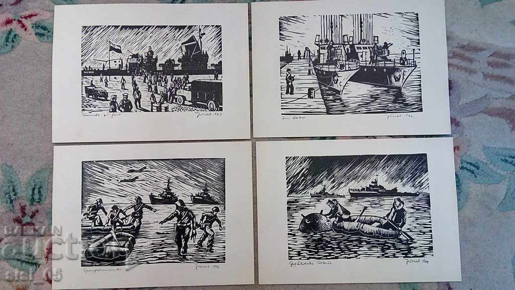 Lot 17 buc. print, grafică GDR, Germania, Reich, navă, militar