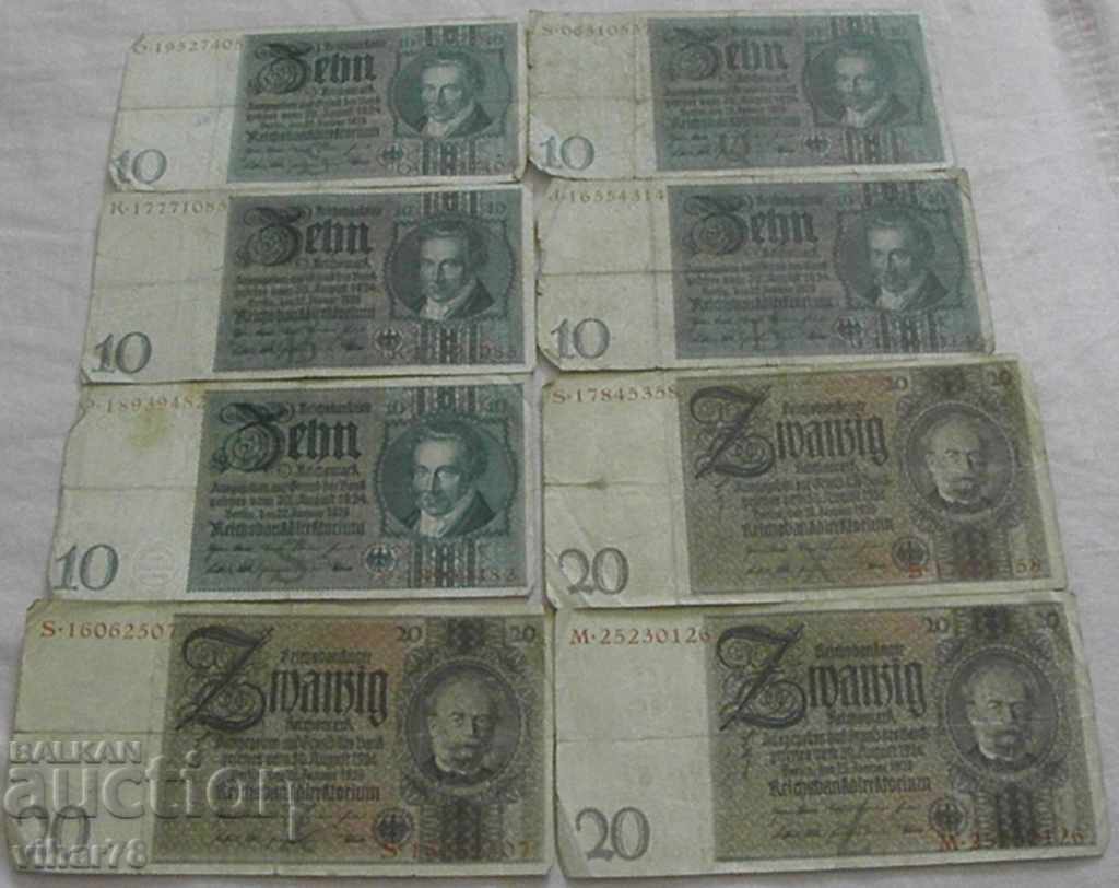 Lot of 8 Reich banknotes