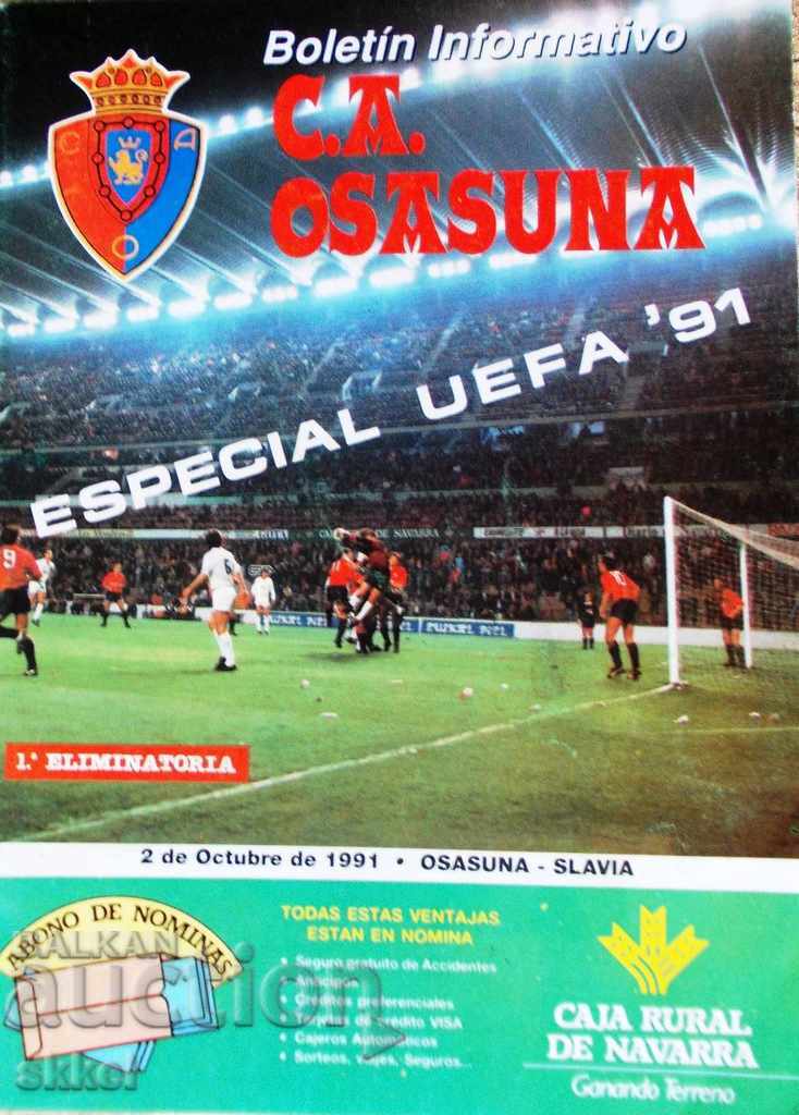Football program Osasuna Spain - Slavia 1991 UEFA Row