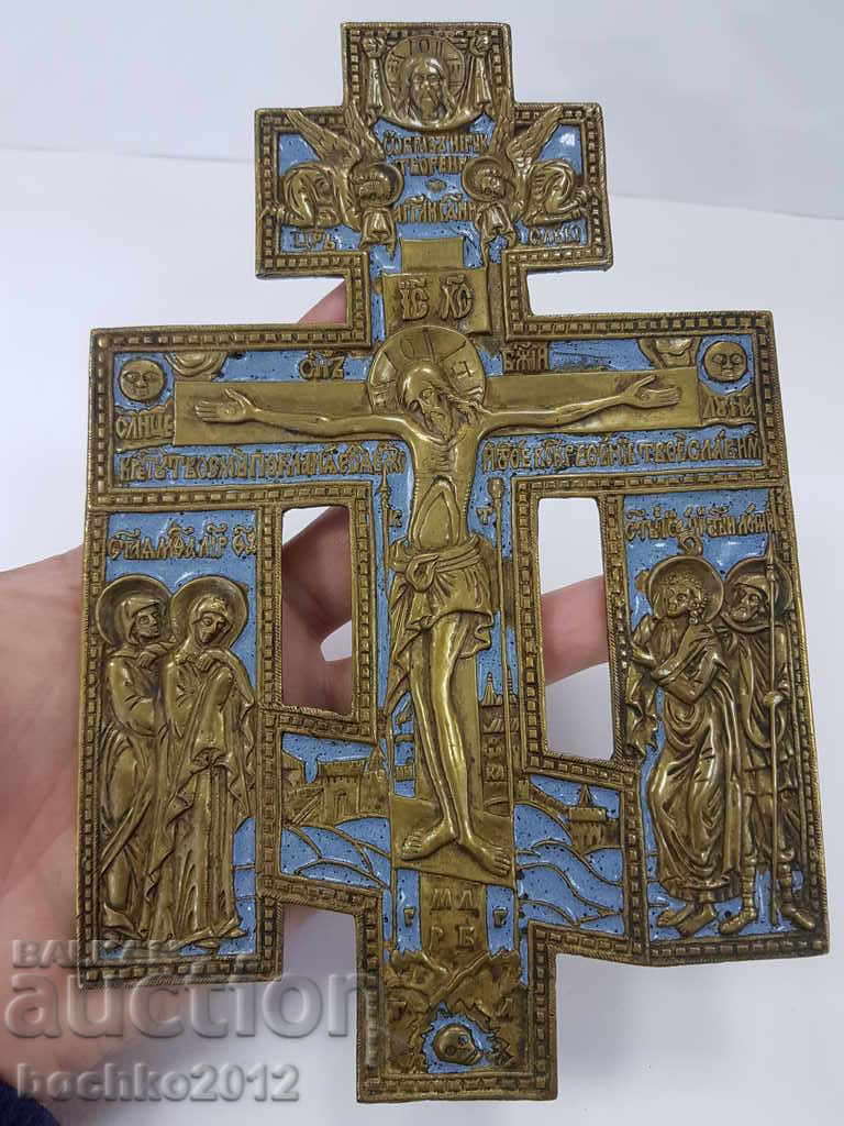 A rare Russian royal bronze cross with 19th century enamel