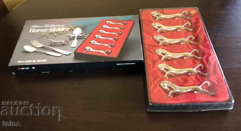 Brand new set of silver plated cutlery holders - horses with price 48.00 BGN | € 24.54 Brand new set of silver plated cutlery holders - horses with price 48.00 BGN | € 24.54