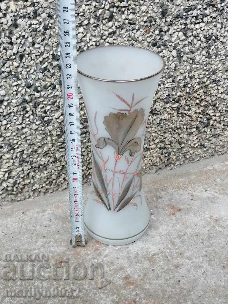 Auction Old white glass vase hand painted Auction Old white glass vase hand painted