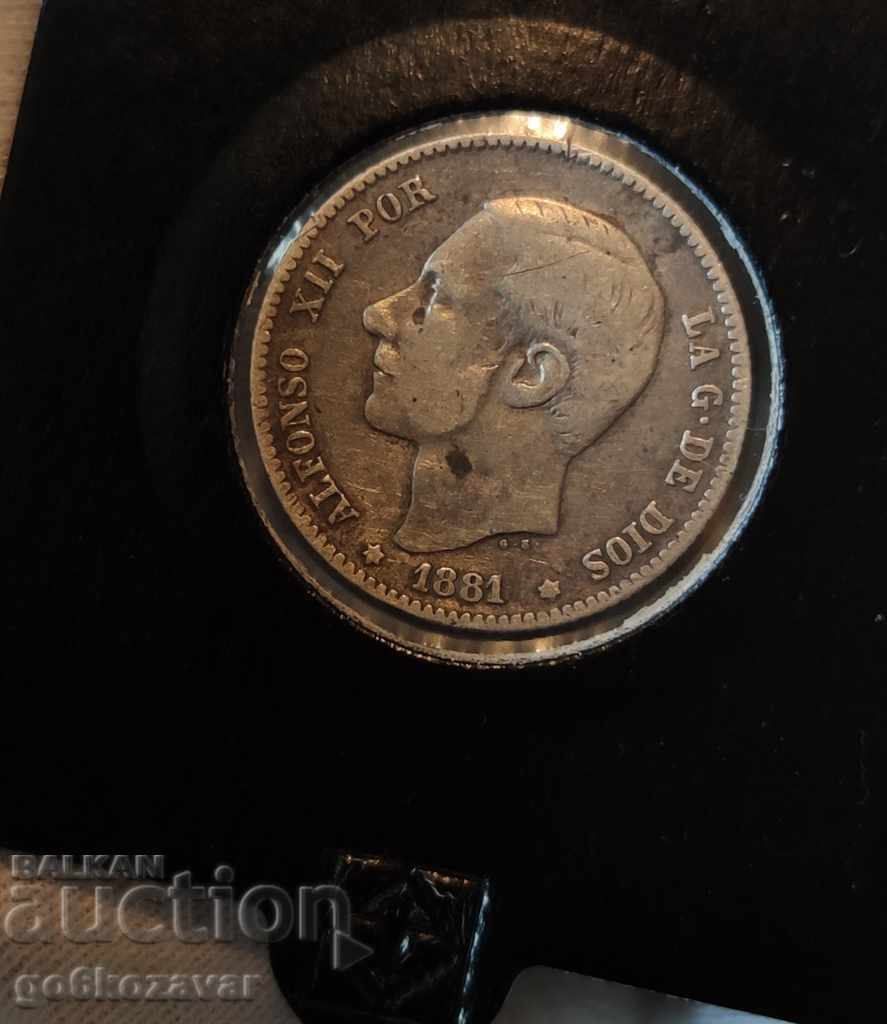 Spain 1 peseta 1881 Silver, Very,Rare! - 6 Spain 1 peseta 1881 Silver, Very,Rare! - 6