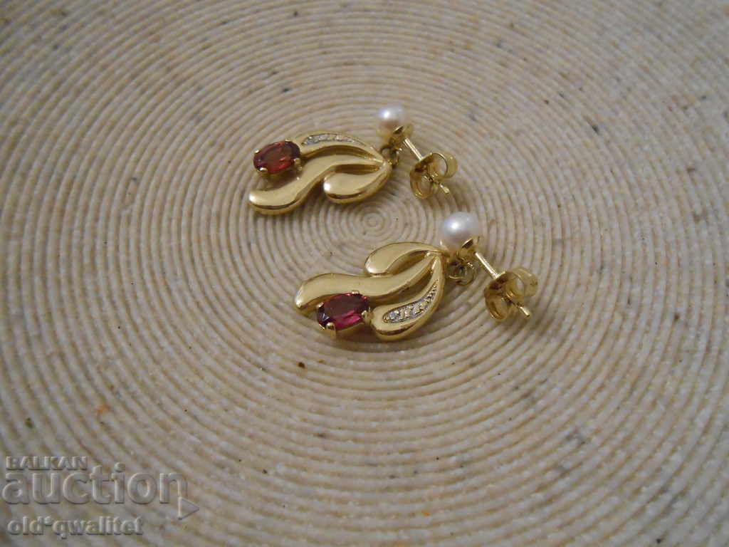 Earrings, Gold 585, Garnet Diamonds Pearls with price 997.00 BGN | € 509.76 Earrings, Gold 585, Garnet Diamonds Pearls with price 997.00 BGN | € 509.76
