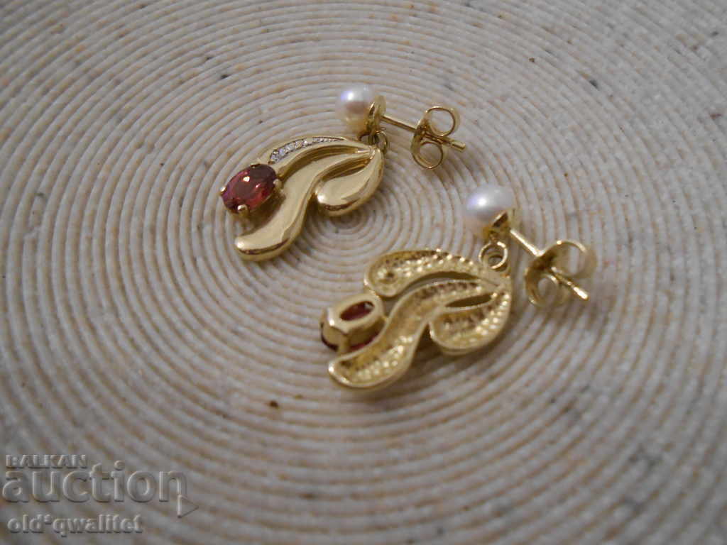 Auction Earrings, Gold 585, Garnet Diamonds Pearls Auction Earrings, Gold 585, Garnet Diamonds Pearls