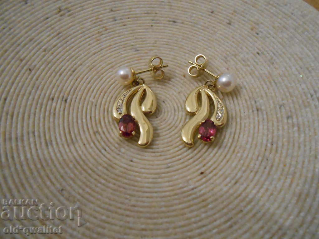 Delivery of Earrings, Gold 585, Garnet Diamonds Pearls Delivery of Earrings, Gold 585, Garnet Diamonds Pearls