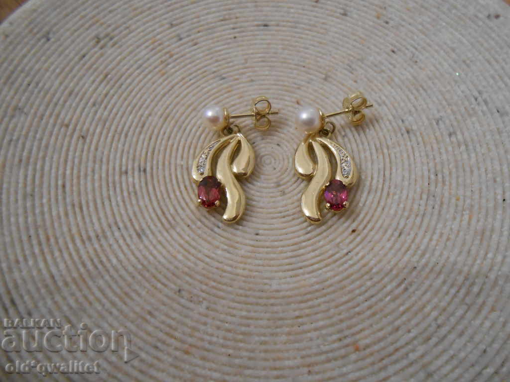 Earrings, Gold 585, Garnet Diamonds Pearls Earrings, Gold 585, Garnet Diamonds Pearls