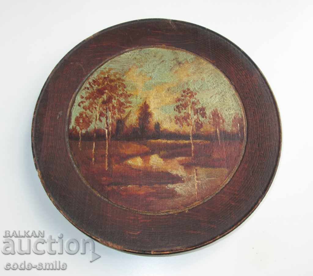 Vechi tablou rusesc desenând peisaj în ulei pe farfurie de lemn