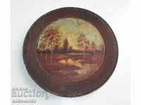 Old Russian picture drawing landscape oil on wooden plate
