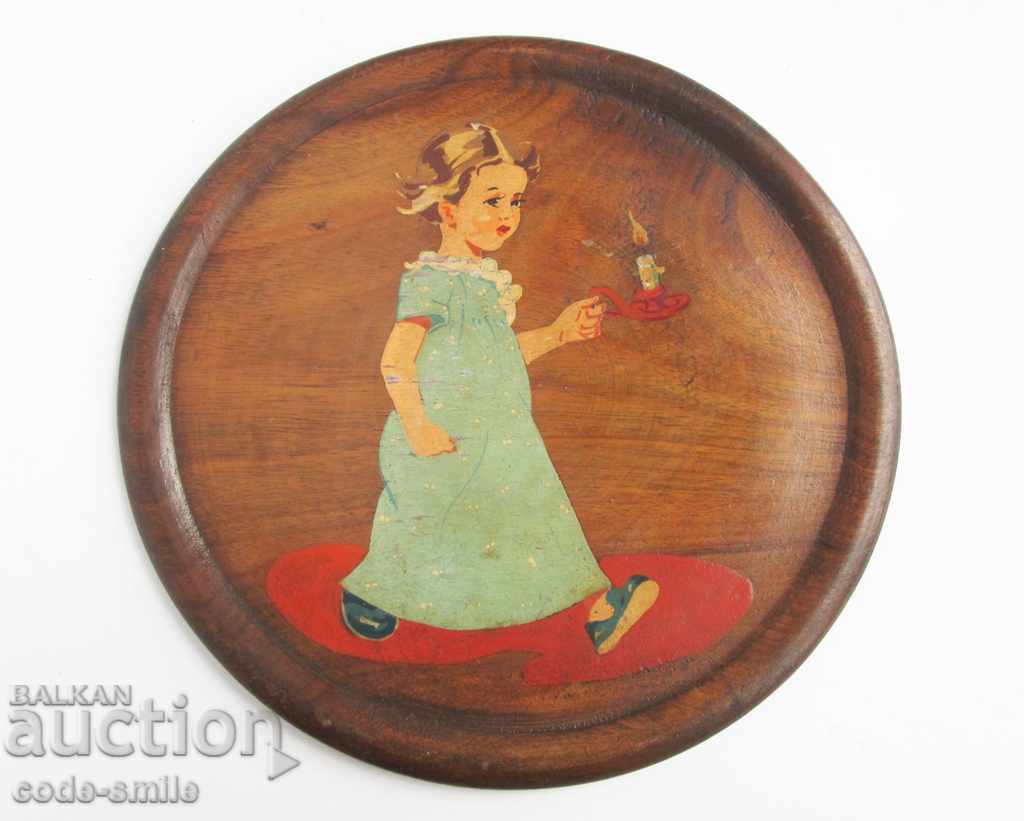 Стара картина рисунка детски мотив масло в/у дървена чиния