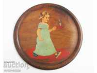 Стара картина рисунка детски мотив масло в/у дървена чиния
