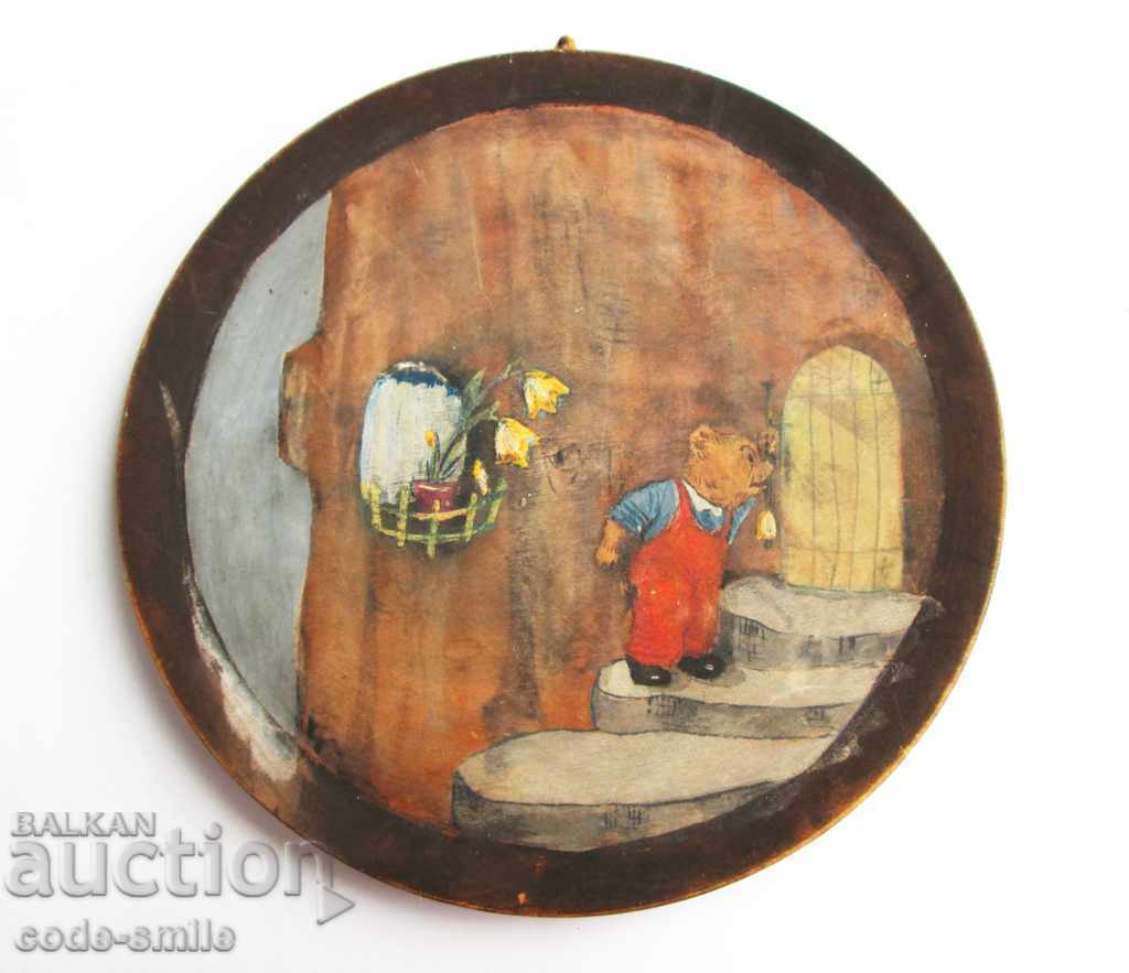 Стара детска картина рисунка масло дървена чиния за стена
