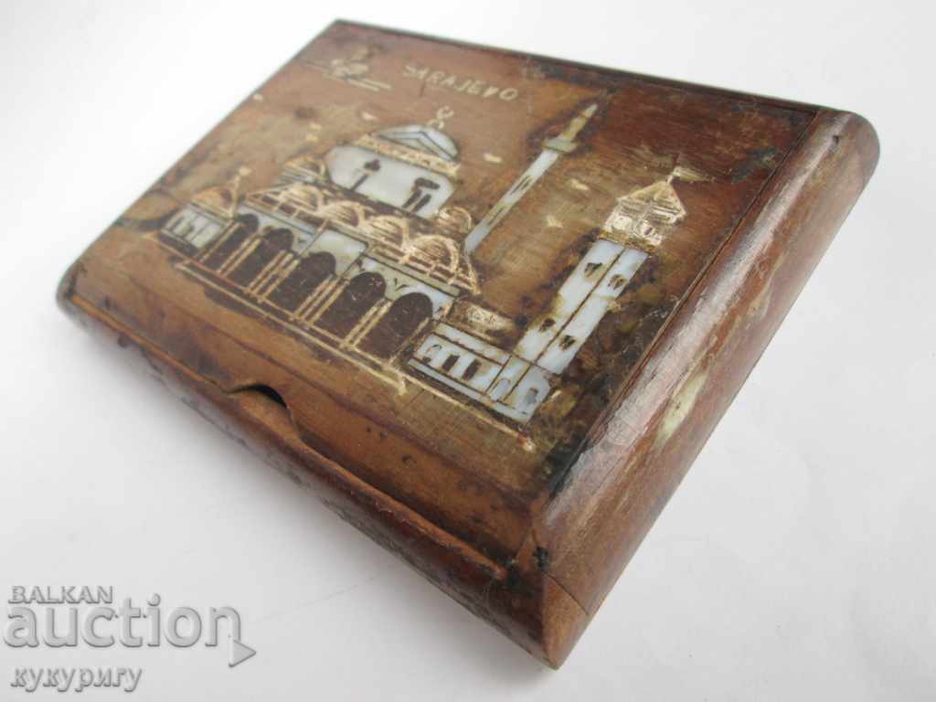 Old wooden snuff box with SARAJEVO mother-of-pearl minaret mosque with price 70.00 BGN | € 35.79 Old wooden snuff box with SARAJEVO mother-of-pearl minaret mosque with price 70.00 BGN | € 35.79