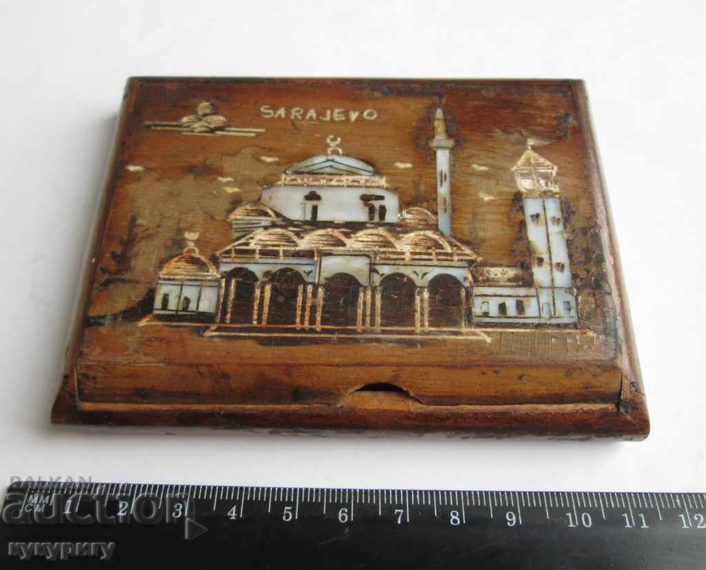 Old wooden snuff box with SARAJEVO mother-of-pearl minaret mosque - 5 Old wooden snuff box with SARAJEVO mother-of-pearl minaret mosque - 5
