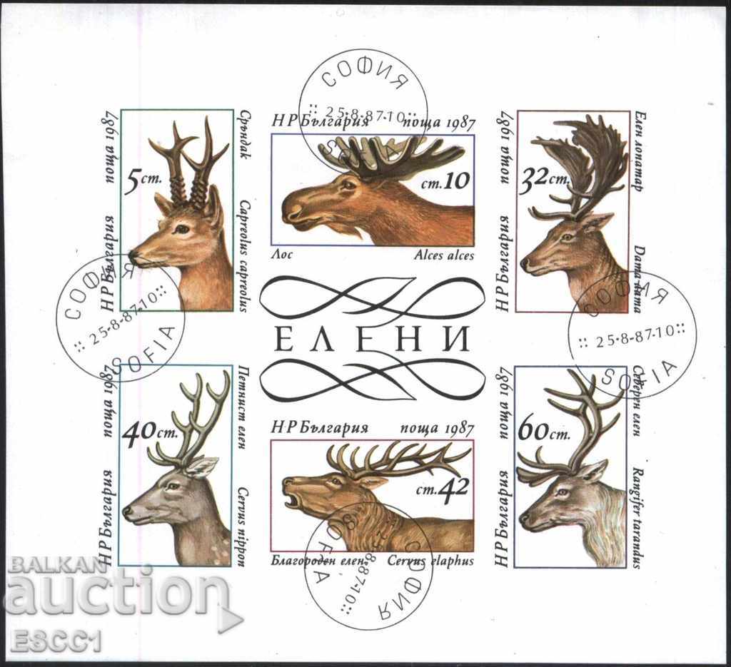 Клеймовани марки в малък лист  Елени 1987  от България