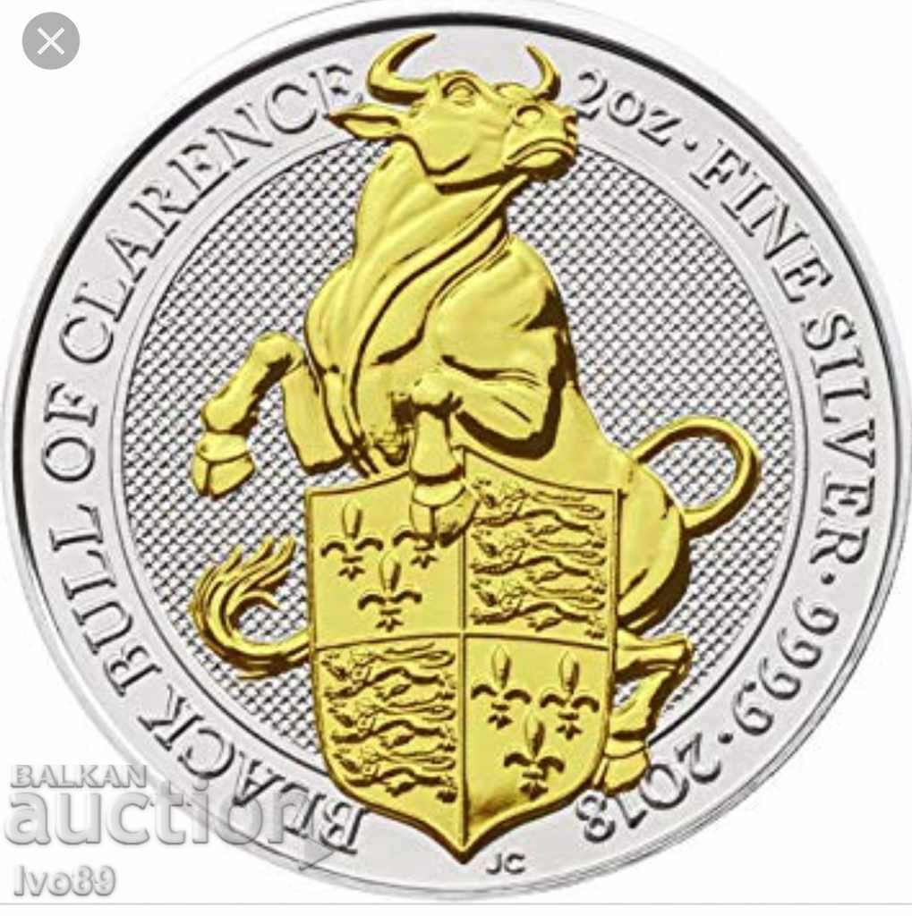 2 uncii Argint și Aurit Taur Bestiile Reginei