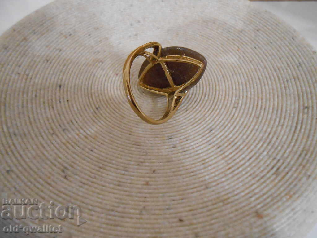 GOLD RING, Brown JADE, Black Diamonds - 5 GOLD RING, Brown JADE, Black Diamonds - 5