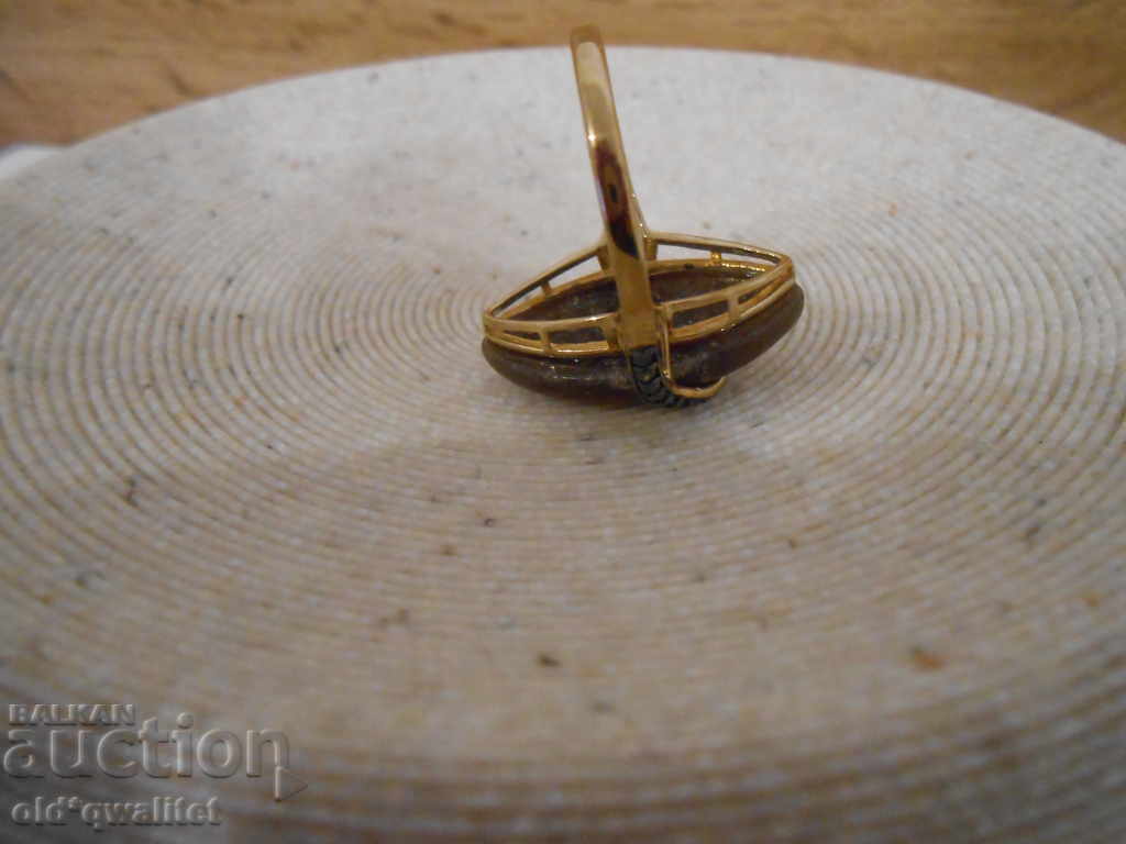 GOLD RING, Brown JADE, Black Diamonds - 6 GOLD RING, Brown JADE, Black Diamonds - 6
