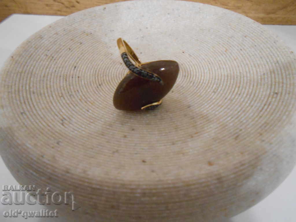 GOLD RING, Brown JADE, Black Diamonds - 7 GOLD RING, Brown JADE, Black Diamonds - 7