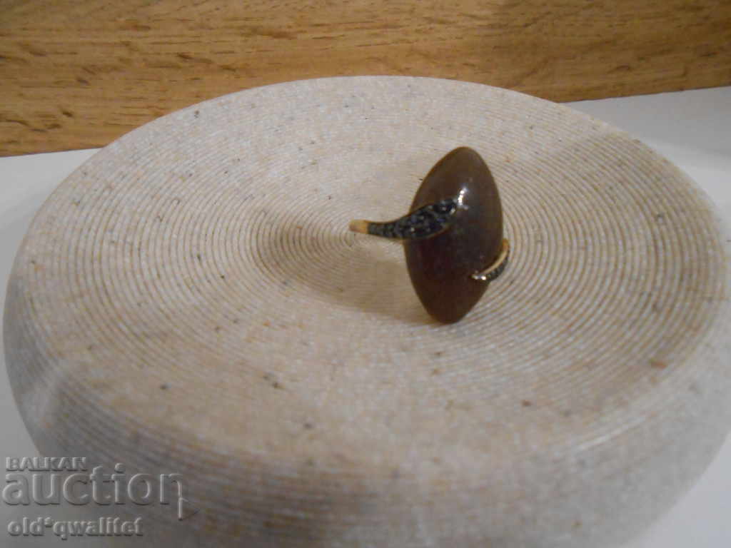 GOLD RING, Brown JADE, Black Diamonds GOLD RING, Brown JADE, Black Diamonds