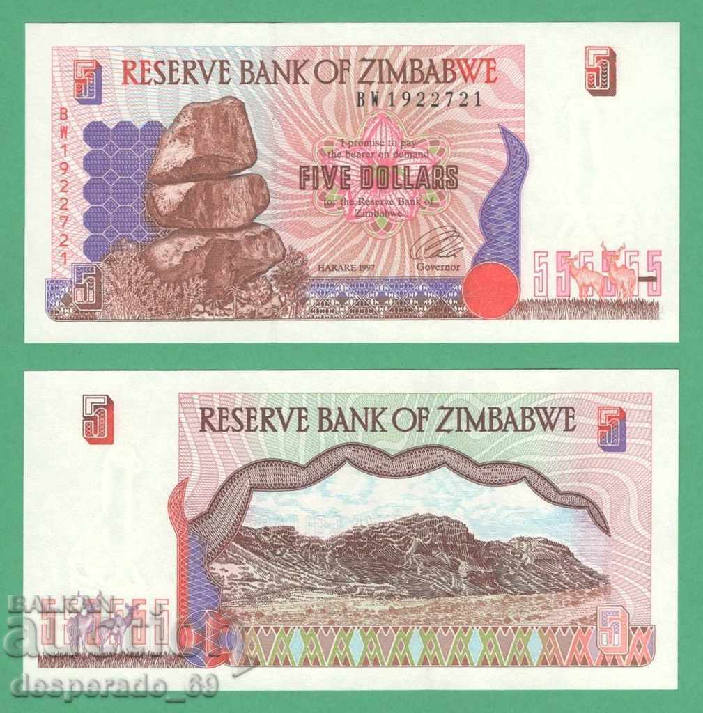 (¯` '• .¸ ZIMBABWE 5 USD 1997 UNC •. •' ´¯)