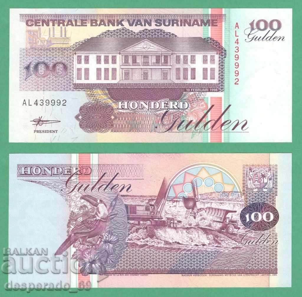 (¯`'•.¸ SURINAME 100 guldeni 1998 UNC ¸.•'´¯)