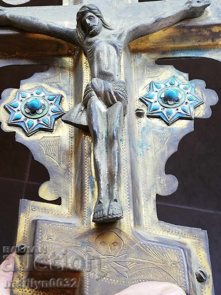 Russian cross brass engraving with gilt enamel 19th in Jesus icon with price 1495.00 BGN | € 764.38 Russian cross brass engraving with gilt enamel 19th in Jesus icon with price 1495.00 BGN | € 764.38
