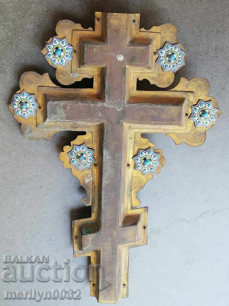 Auction Russian cross brass engraving with gilt enamel 19th in Jesus icon Auction Russian cross brass engraving with gilt enamel 19th in Jesus icon