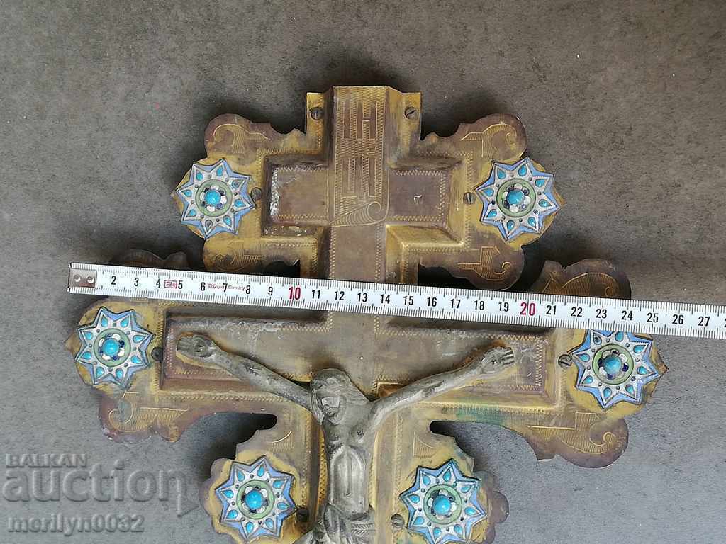 Delivery of Russian cross brass engraving with gilt enamel 19th in Jesus icon Delivery of Russian cross brass engraving with gilt enamel 19th in Jesus icon