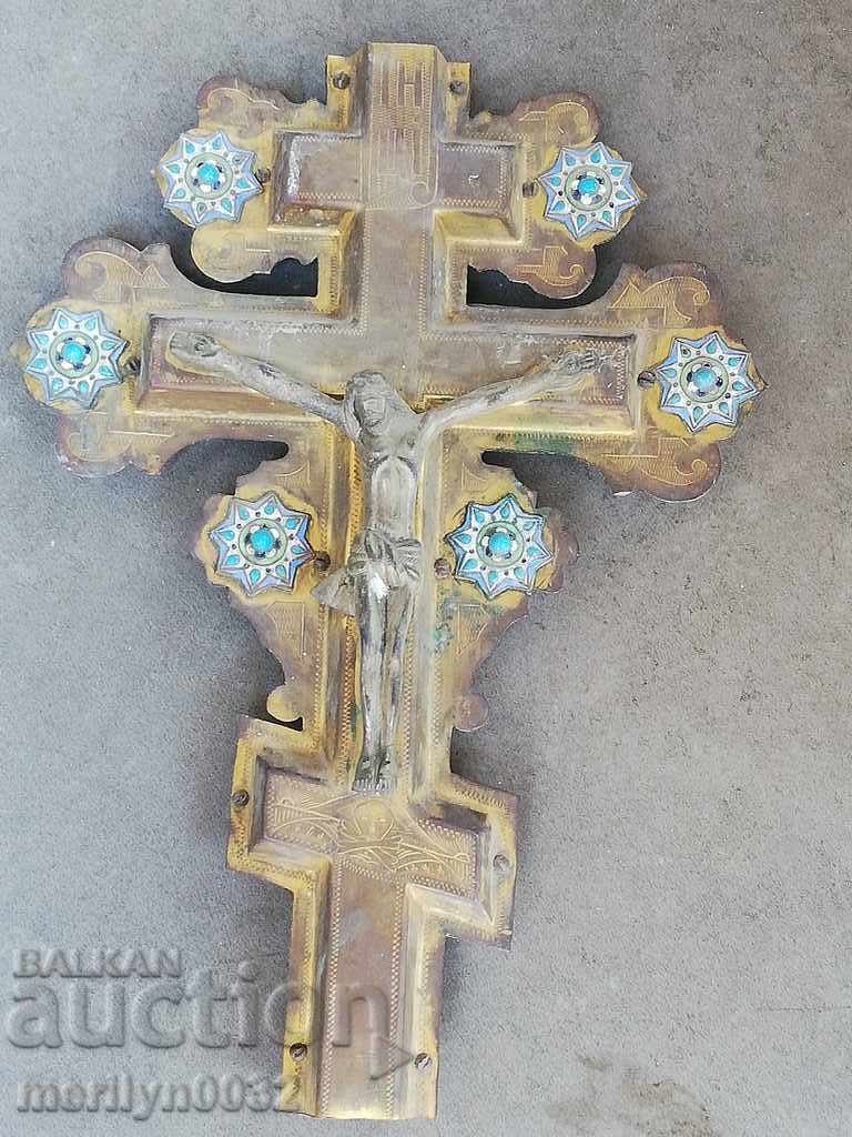 Russian cross brass engraving with gilt enamel 19th in Jesus icon - 6 Russian cross brass engraving with gilt enamel 19th in Jesus icon - 6