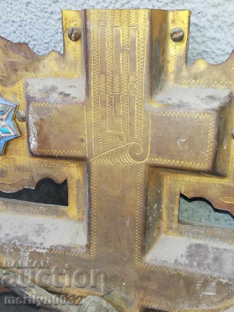 Russian cross brass engraving with gilt enamel 19th in Jesus icon - 7 Russian cross brass engraving with gilt enamel 19th in Jesus icon - 7