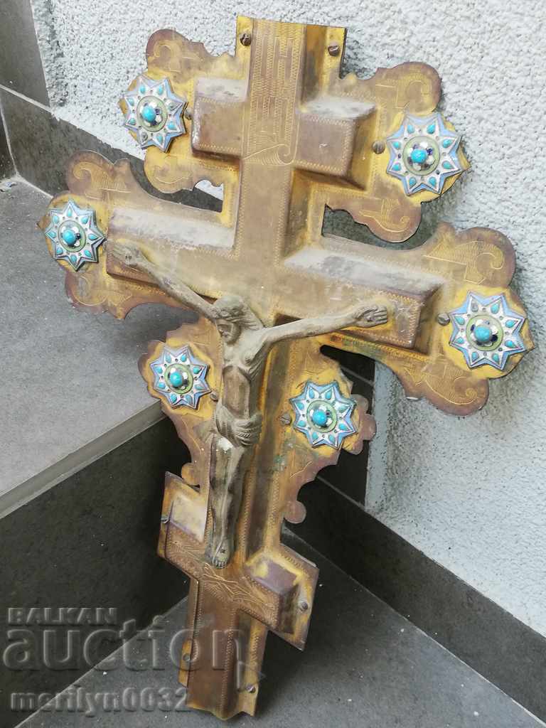 Руски кръст месинг гравюра с позлата емайл 19ти в икона Исус