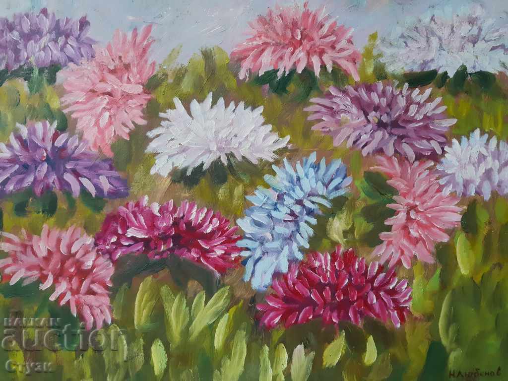 Painting by N. Lubenov, Chrysanthemums, oil, 44x50 cm with price 100.00 BGN | € 51.13 Painting by N. Lubenov, Chrysanthemums, oil, 44x50 cm with price 100.00 BGN | € 51.13