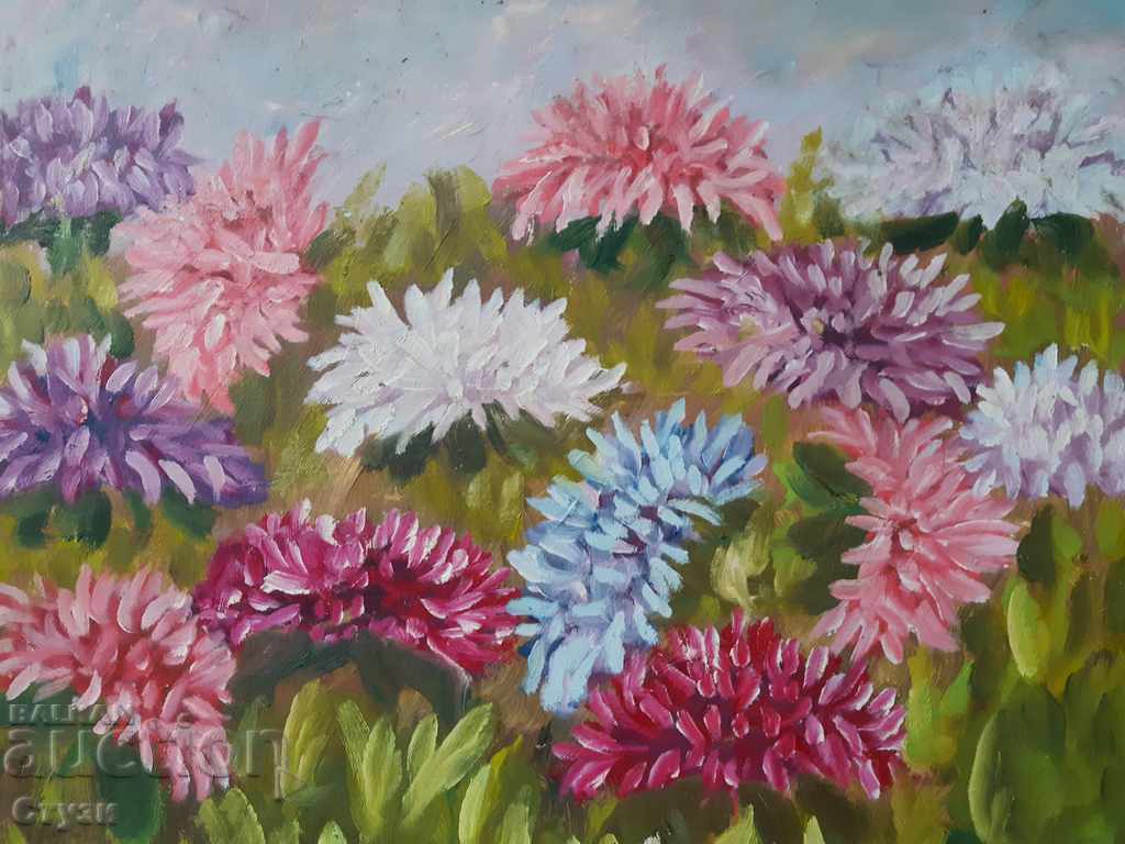 Painting by N. Lubenov, Chrysanthemums, oil, 44x50 cm Painting by N. Lubenov, Chrysanthemums, oil, 44x50 cm
