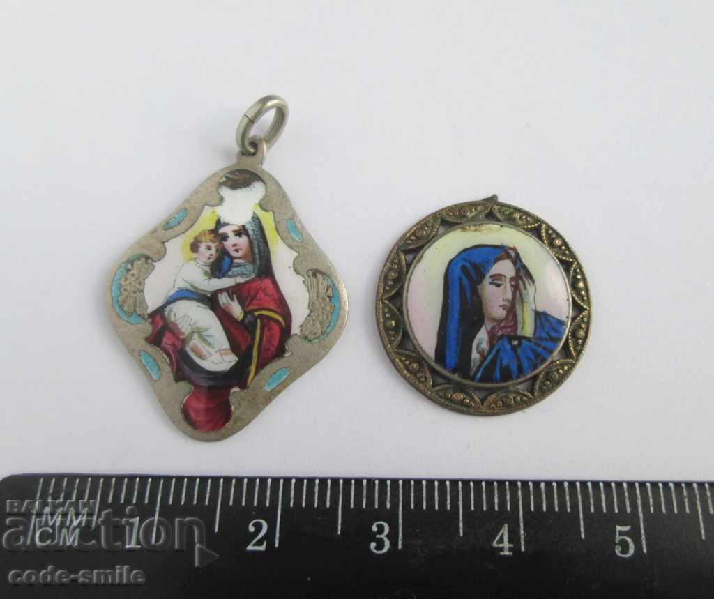 2 Old religious medallion icon of the Virgin painted enamel - 6 2 Old religious medallion icon of the Virgin painted enamel - 6