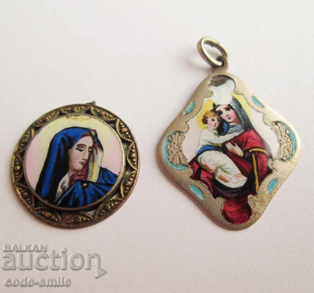 2 Old religious medallion icon of the Virgin painted enamel
