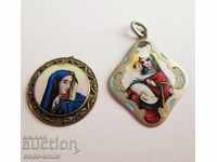 2 Old religious medallion icon of the Virgin painted enamel