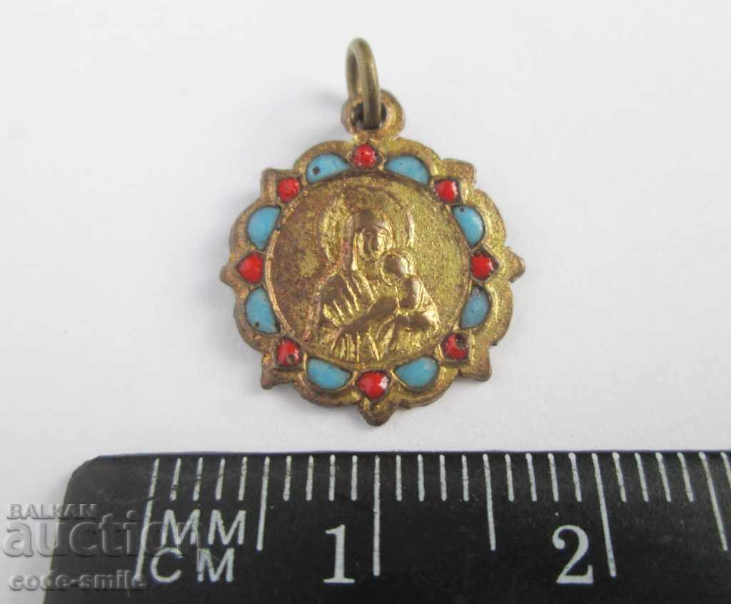 Old gilded religious medallion with enamel icon of the Mother of God with price 25.00 BGN | € 12.78 Old gilded religious medallion with enamel icon of the Mother of God with price 25.00 BGN | € 12.78