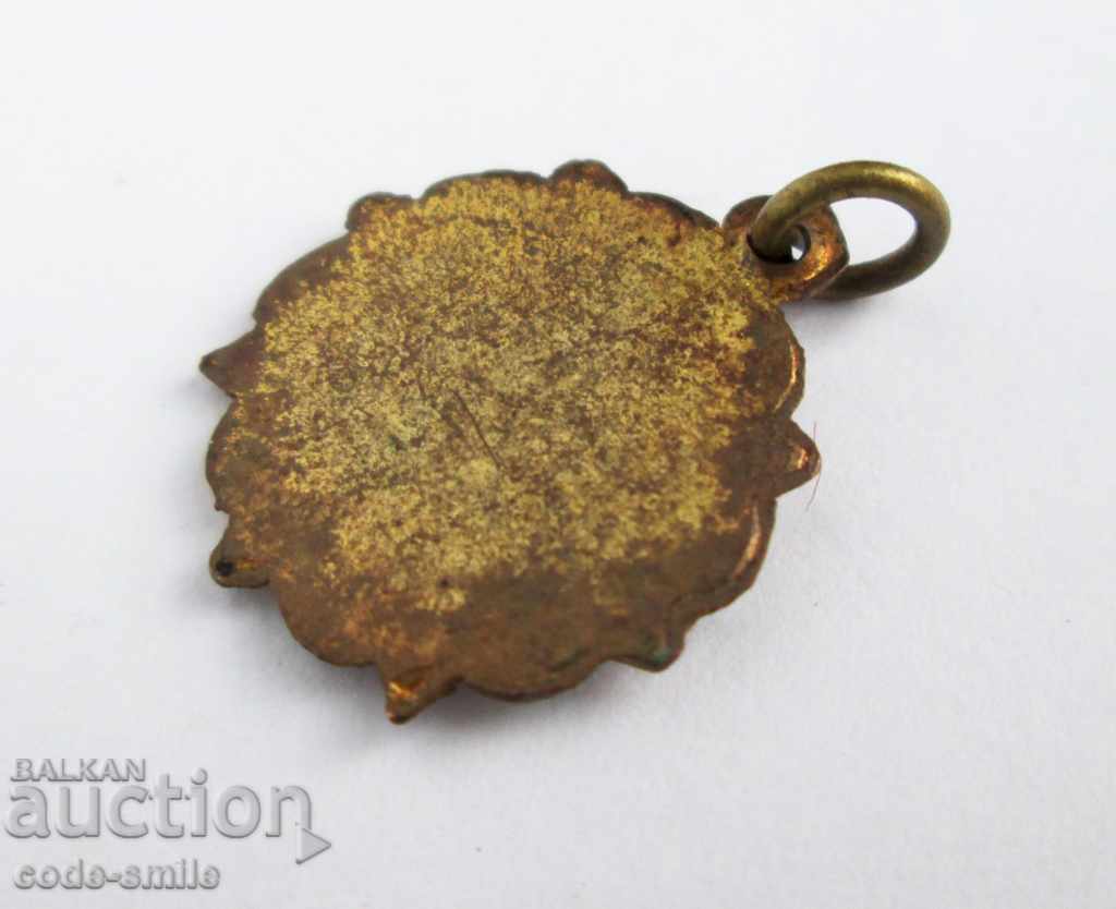 Auction Old gilded religious medallion with enamel icon of the Mother of God Auction Old gilded religious medallion with enamel icon of the Mother of God