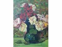 Стара картина на П.Минков,Цветя, масло, 52.5 х 45 см