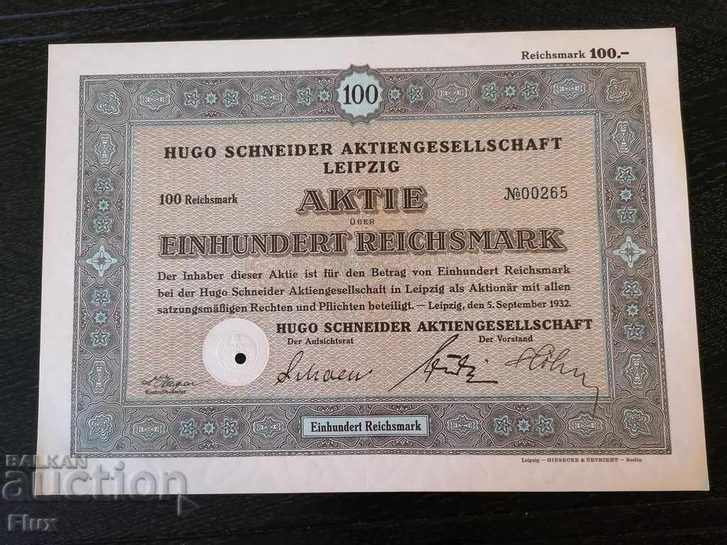 Acțiune 100 de mărci reich | Hugo Schneider AG Leipzig | 1932 cu preț 17.00 BGN | € 8.69