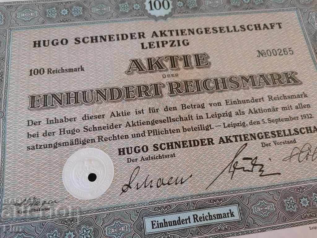 Acțiune 100 de mărci reich | Hugo Schneider AG Leipzig | 1932