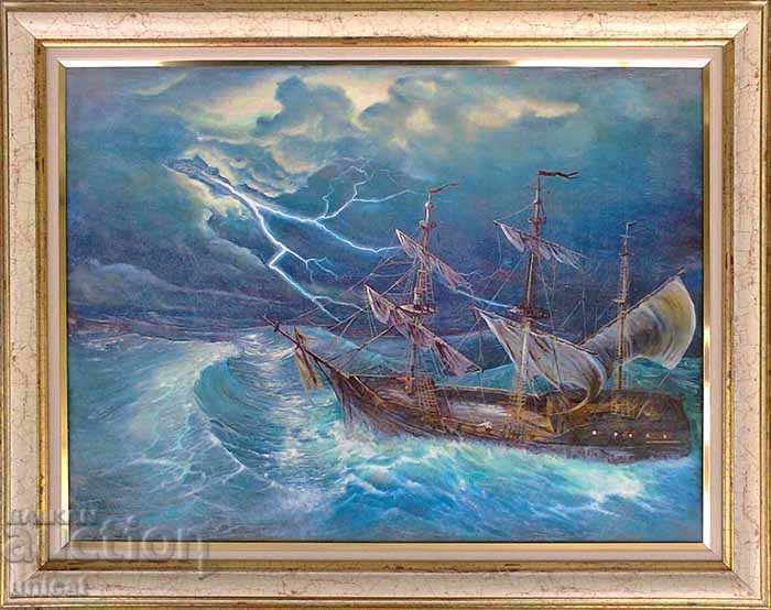 Seascape with ship, sailboat, storm, picture Seascape with ship, sailboat, storm, picture