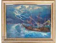 Θαλασσογραφία με πλοίο, ιστιοφόρο, καταιγίδα, ζωγραφική