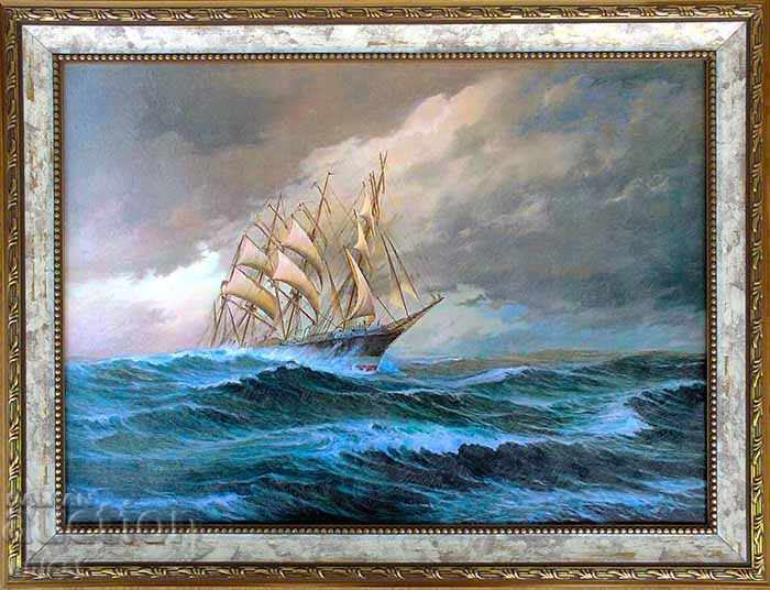 Seascape with ship, sailboat, picture