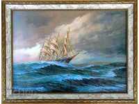 Seascape with ship, sailboat, picture