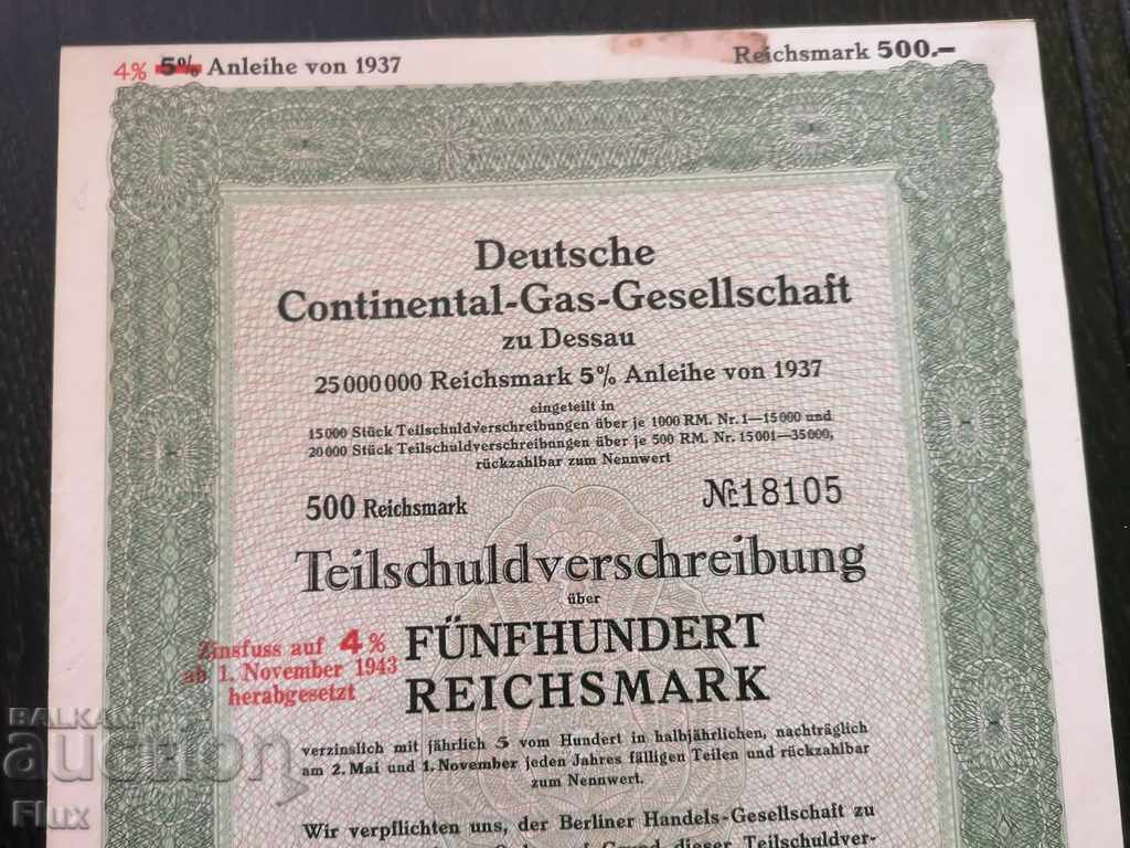 Reich bond 500 marks German Gas Company 1937 with price 20.00 BGN | € 10.23