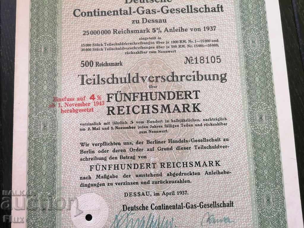 Auction  Reich bond 500 marks German Gas Company 1937
