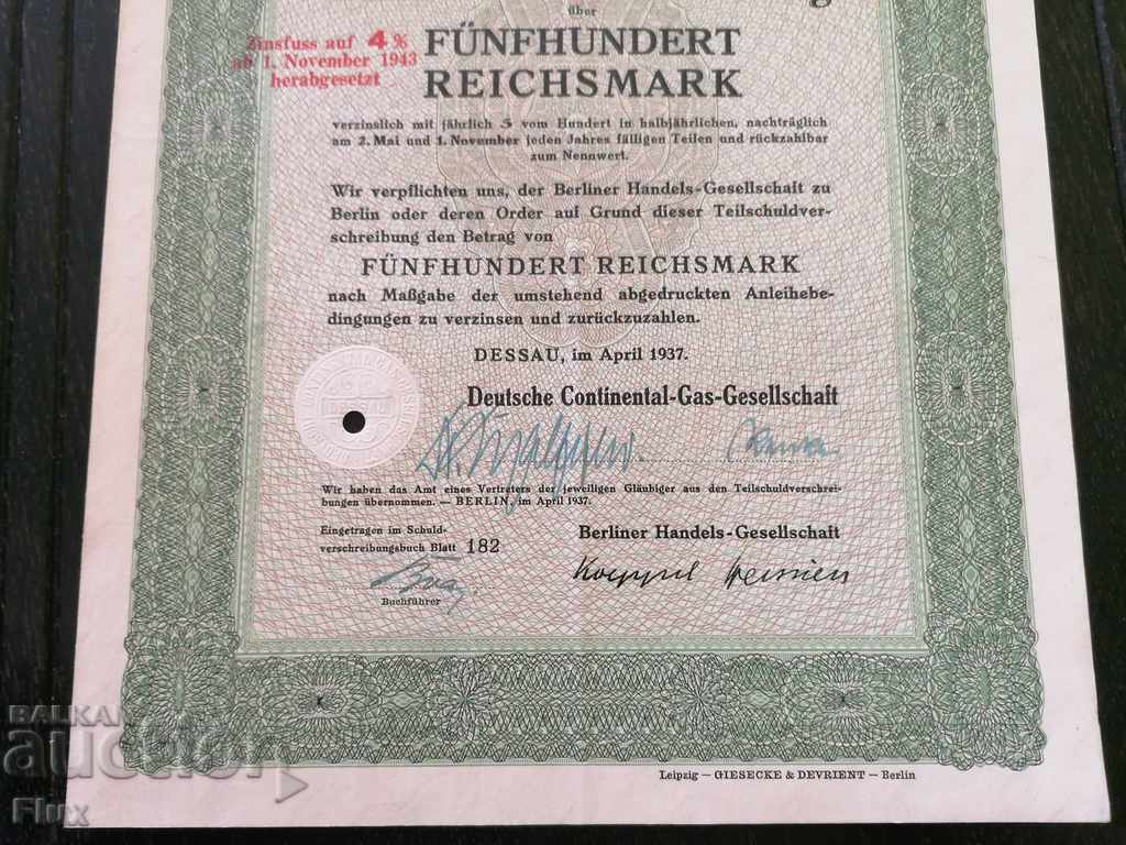 Delivery of Reich bond 500 marks German Gas Company 1937