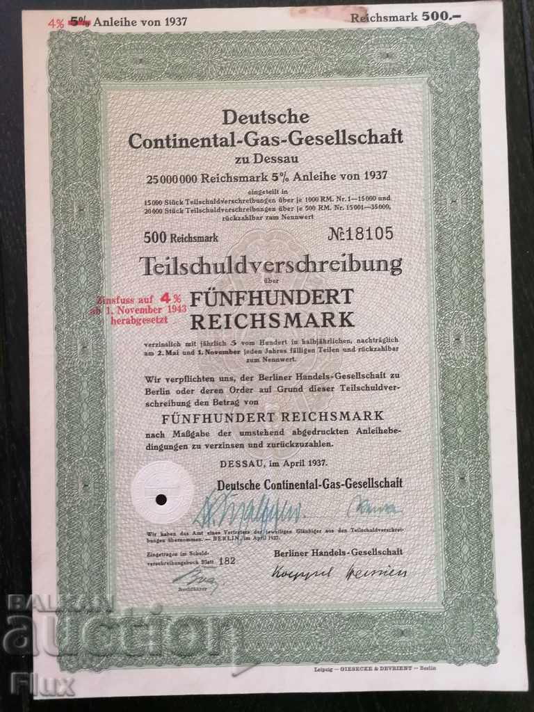 Райх облигация 500 марки | Немска Газова Компания | 1937г.